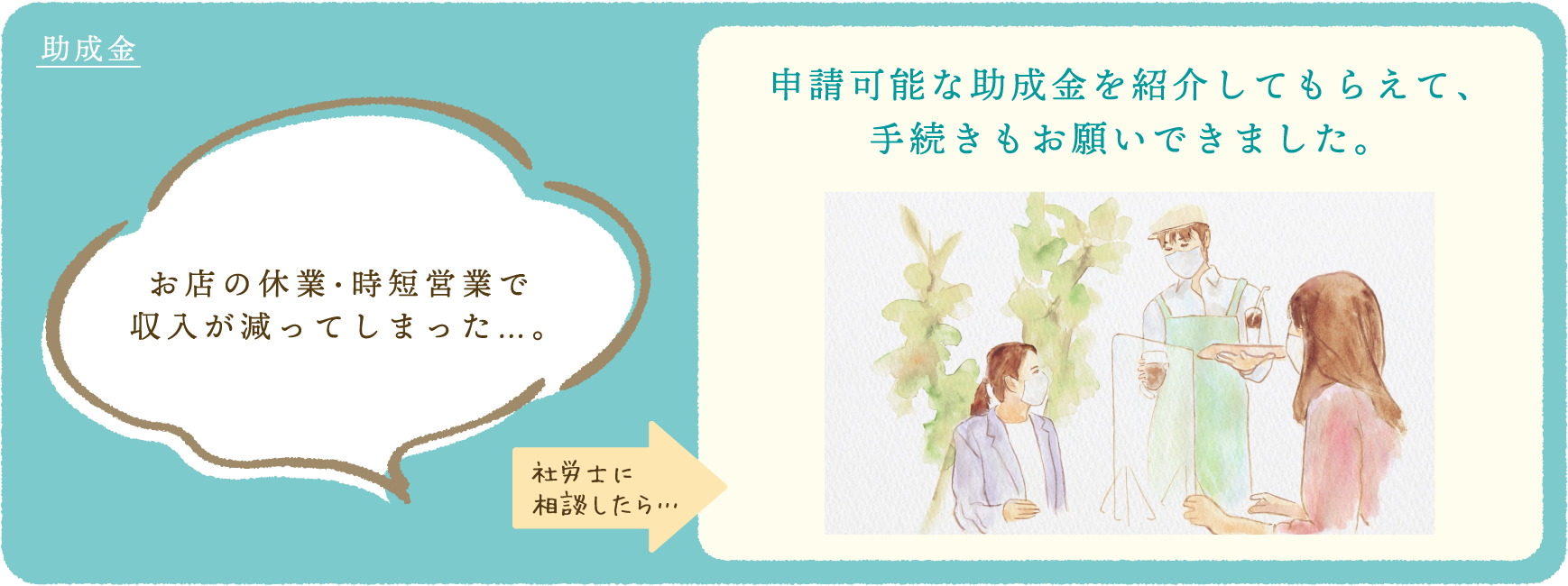 助成金　お店の休業・時短営業で収入が減ってしまった…。　社労士に相談したら…　申請可能な助成金を紹介してもらえて、手続きもお願いできました。