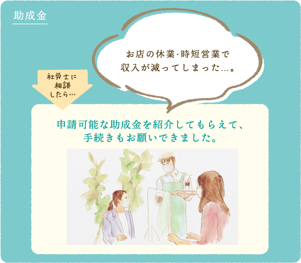 助成金　お店の休業・時短営業で収入が減ってしまった…。　社労士に相談したら…　申請可能な助成金を紹介してもらえて、手続きもお願いできました。